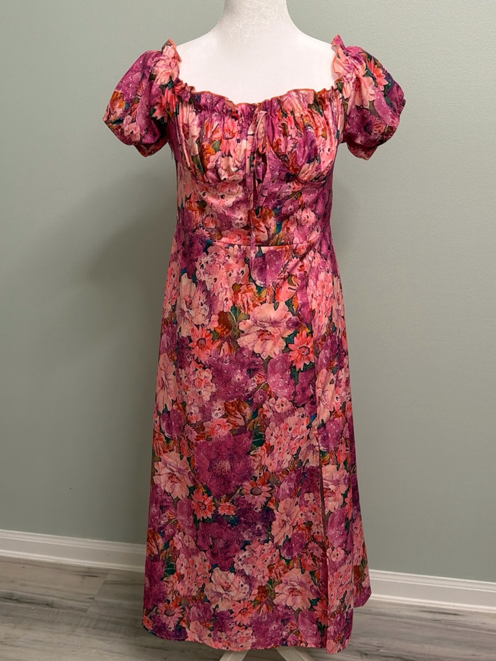SHEIN Pink Floral Puff-Sleeve Midi Dress